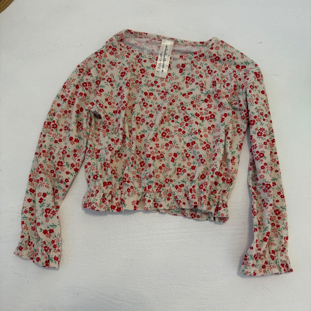 Heart and Arrow Girls Floral Long Sleeve Smocked Hem Cropped Top Red sz 4